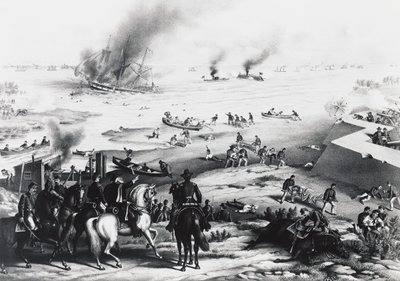Battle of Hampton Roads nebo Battle of Ironclads, USS Monitor a CSS Virginia (vpravo), 9. března od William M. Timlin