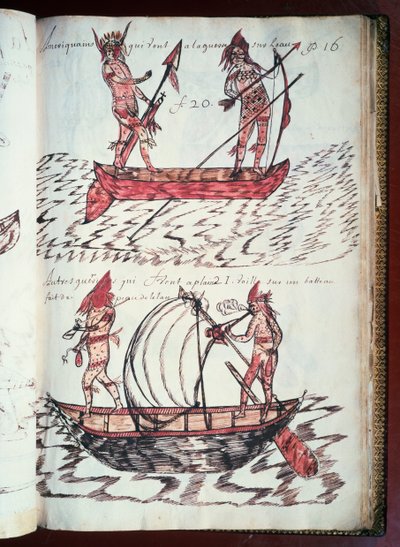 Lodě indiánů, stránka z Codex Canadensis (1664-1675), rukopis na pergamenu od Louise Nicolase, Francie od William M. Timlin