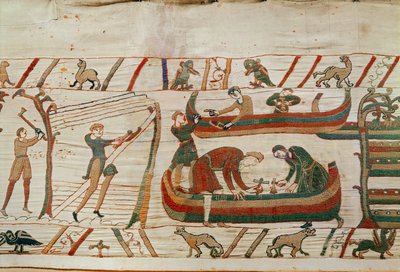 Stavba lodí na příkaz vévody Williama, Bayeux Tapestry (vlněná výšivka na plátně) od Unbekannt