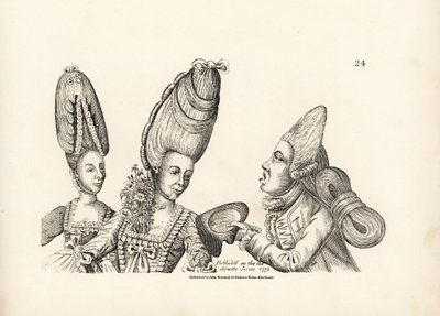 Karikatura módy konce 18. století: ženy ve vysokých parukách s květinovou zahradou na prsou a makaron ve vysoké paruce s extravagantní masou vlasů svázanou vzadu. Mědirytina podle satirické ilustrace Timothyho Bobbina (John od Unbekannter Künstler