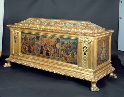 Cassone s panely zobrazujícími Kontinenci Scipia a alegorie Odvahy a Obezřetnosti, připisované dílně Apollonia di Giovanni, kolem 1460-65 (tempera na panelu) od Unbekannt
