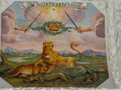 Stropní freska v lodi kostela sv. Kateřiny, alegorické zobrazení vítězství císaře Leopolda I. nad Osmany, Mauzoleum Habsburků, Graz, Štýrsko, Rakousko, Evropa (foto) od Unbekannter Künstler