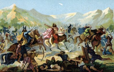 Franský král Klovis I. (466-511) v bitvě u Tolbiaku v roce 496 proti germánskému kmeni Alamanů slíbil, že v případě vítězství konvertuje. Konec 19. století (chromolitografie) od Unbekannter Künstler