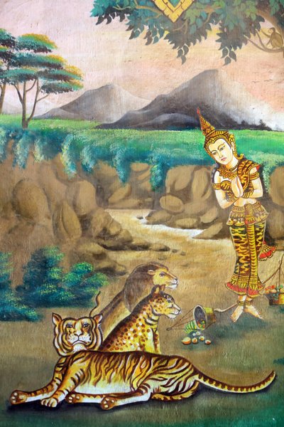 Soucit ke zvířatům. Obraz zobrazující životní příběh Buddhy Šákjamuniho. Wat Naxai. Vientiane. Laos, 20151106, Vientiane, Laos od Unbekannt