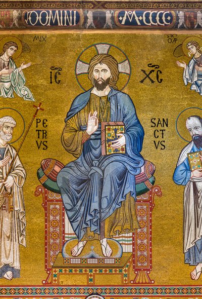 Protifasáda: mozaika "Veličenstvo Krista na trůnu mezi svatými Petrem a Pavlem", XII. století, Palatinská kaple, Královský palác nebo Palazzo dei Normanni (Palác Normanů), Palermo, Sicílie, Itálie (foto) od Unbekannter Künstler