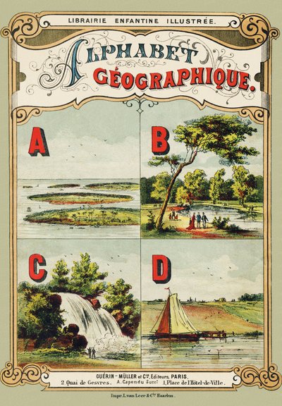 Obálka: A: souostroví, B: Bois de Boulogne, C: vodopád, D: hráz - Rytina převzatá ze zeměpisné abecedy. Guerin-Muller et Cie, nakladatelství, Paříž od Unbekannt