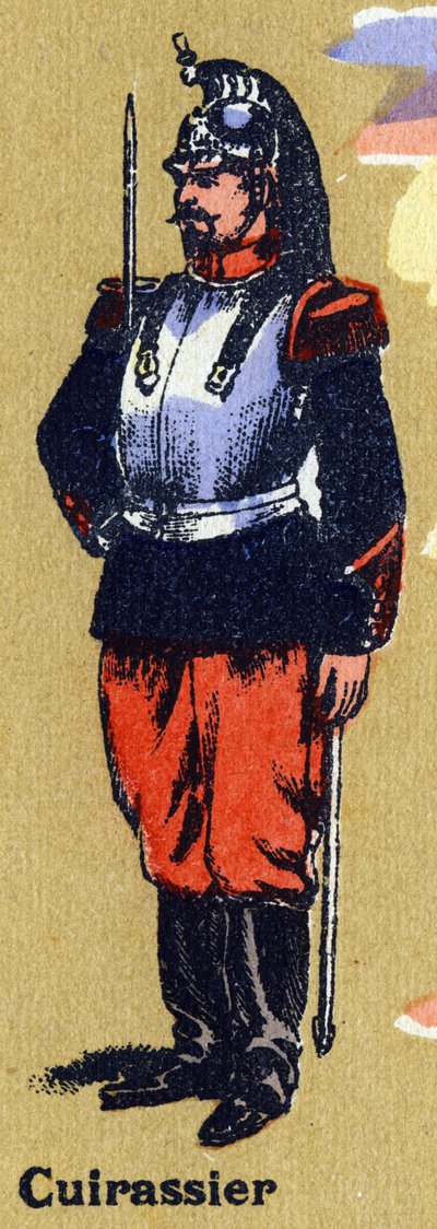 Kyrysník v uniformě vojáka. Ilustrovaná abeceda. Snímky se znovu spojily v Jarville-Nancy na začátku 20. století. Rozměr: 40 x 29 cm. Litografie na bistre pozadí od Unbekannt
