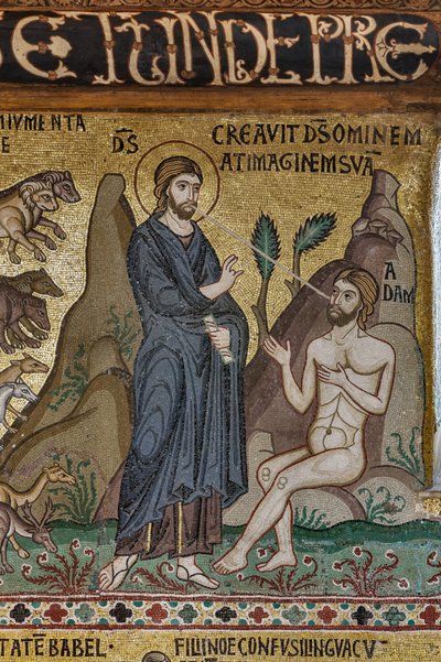 Cyklus mozaik na Starém zákoně, cyklus Stvoření: "Stvoření Adama", XII. století, Palatinská kaple, Královský palác nebo Palazzo dei Normanni (Palác Normanů), Palermo, Sicílie, Itálie (foto) od Unbekannter Künstler