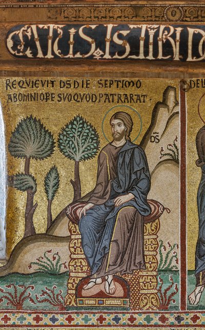 Cyklus mozaik na Starém zákoně, cyklus Stvoření: "Odpočinek Stvořitele sedmého dne", XII. století, Palatinská kaple, Královský palác nebo Palazzo dei Normanni (Palác Normanů), Palermo, Sicílie, Itálie ( fotografie) od Unbekannter Künstler