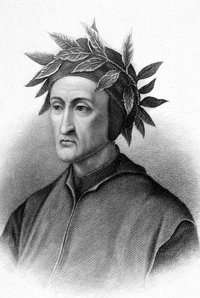 Dante Alighieri (1265-1321) italský spisovatel (Božská komedie), zde korunován vavříny, rytina od Unbekannter Künstler