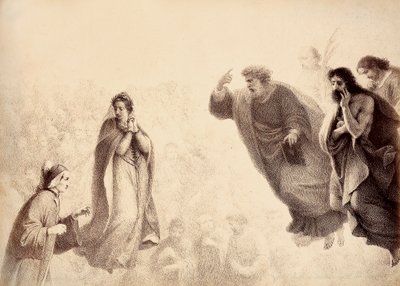 Dante a Beatrice před jasnými dušemi apoštolů Petra, Jakuba a Jana. Petr má ruku zdviženou na znamení hněvu. Ilustrace z Canto XXVII v Paradisu Božské komedie od Dante Alighieriho. Dílo Francesca Scaramuzzy věnované od Unbekannter Künstler
