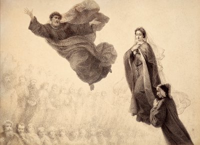 Dante a Beatrice se setkávají se svatým Petrem. Ilustrace k XXIV. kánonu Božské komedie Paradiso od Dante Alighieriho. Dílo Francesca Scaramuzzy věnované florentskému magistrátu. od Unbekannter Künstler