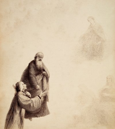 Dante za asistence svatého Bernarda vidí Beatrici sedící na trůnu uprostřed blahoslavených, ve světelné aureole. Ilustrace z Canto XXXI v Paradisu Božské komedie od Dante Alighieriho. Dílo Francesca Scaramuzzy věnované florentskému magistrátu. od Unbekannter Künstler