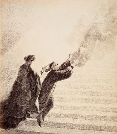Dante na prosté znamení Beatrice vystoupí po zlatém žebříku za blahoslavenými duchy. Ilustrace z Canto XVII v Paradisu Božské komedie od Dante Alighieriho. Dílo Francesca Scaramuzzy věnované florentskému magistrátu. od Unbekannter Künstler