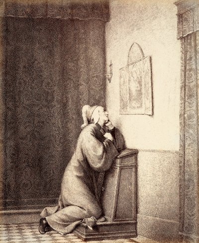 Dante klečí v modlitbě a jeho pohled směřuje na triptych. od Unbekannter Künstler
