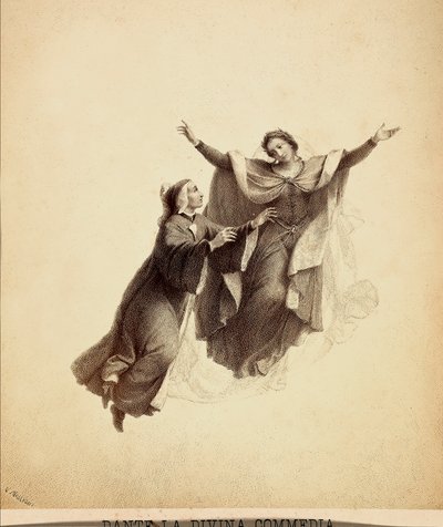 Dante s otevřenou náručí, veden Beatricí na útěku rajskou oblohou. Ilustrace I. canto z Paradisa Božské komedie Danta Alighieriho. Dílo Francesa Scaramuzzy věnované florentskému magistrátu. od Unbekannter Künstler