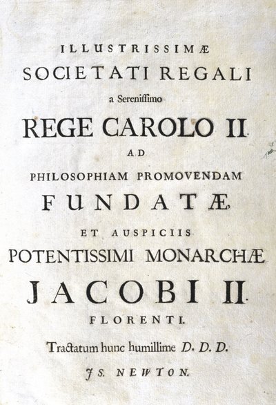 Stránka s věnováním Newtonovy knihy „Principia Mathematica“ od Unbekannt