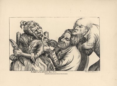 Zubař se směje, když kleštěmi vytahuje staré ženě zkažený zub z úst. Mědirytina podle satirické ilustrace Timothyho Bobbina (Johna Colliera) (1708-1786) z knihy Human Passions Delineated, John Haywood, Manchester od Unbekannter Künstler