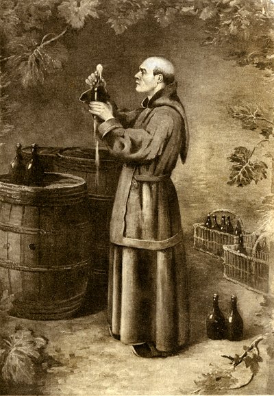 Dom Perignon objevil mech v roce 1714 - začátek 20. století (rytina) od Alec Hunter