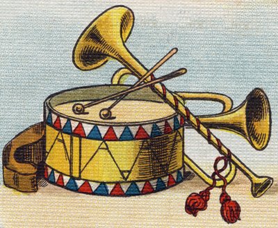 Buben a trubka. Rytina "Alphabet de ma petite fille". Bernardin-Bechet a Fils, knihkupci-nakladatelé, Paříž, kolem roku 1895. Nerozbitné album na plátně. Bibliotheque des Bebes. 12 stran. Album obsahující metodu čtení a názornou abecedu od Unbekannt