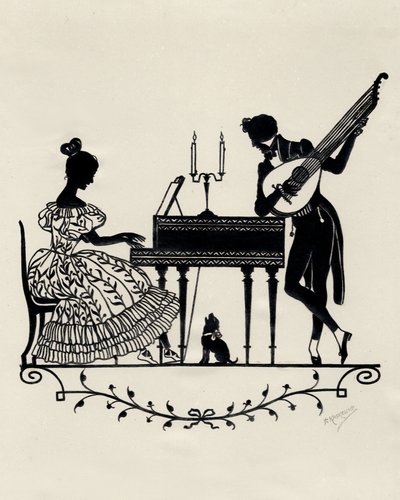 Duo s loutnovou kytarou a klavírem, Vídeň, kolem roku 1900 (tisk) od Unbekannter Künstler