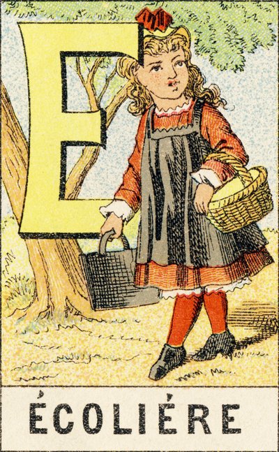 E: Školačka - rytina převzatá z ABCD malých dívek. Pellerin & Cie, tiskárna-nakladatel, Epinal, kolem roku 1890. Serie A. Rozměry: 19 x 13,5 cm. od Unbekannt