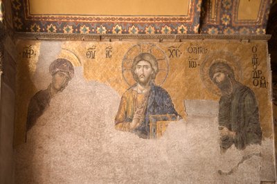 Evropa-Asie, Turecko, Istanbul, Muzeum Aya Sofya (537 n. l., dříve mešita a kostel), mozaikový panel s Kristem, Marií a Janem Křtitelem od Unbekannt
