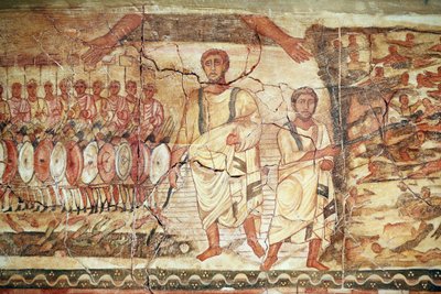 Exodus a přechod přes Rudé moře, freska ze synagogy v Doura (Dura) Europos, 244-245, uložená v Národním muzeu v Damašku. Fotografie pořízená v židovském muzeu v New Yorku během výstavy. od Unbekannt