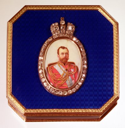 Modře smaltovaná krabička Faberge s portrétem cara Mikuláše II od Unbekannt