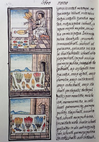 Zpracování peří po dobytí Španěly, stránka z Florentského kodexu, dvojjazyčná verze ve španělštině a nahuatlu, Obecná historie věcí Nového Španělska, španělský misionář Fray Bernardino de Sahagun. Aztécká civilizace od William M. Timlin