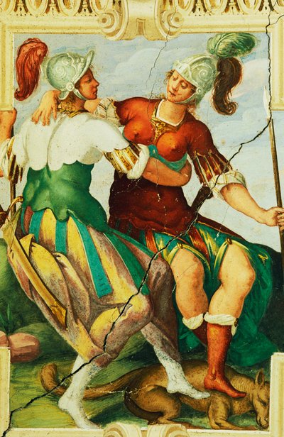 Ženské postavy s přilbami, detail z fresky na hradě Manta (15. století), Saluzzo, Piemont, Itálie od Benjamin Baud