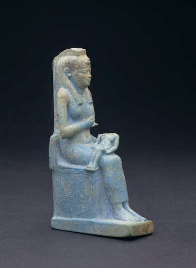 Postava Isis sedící na trůnu, držící na klíně dítě Hora, Egypťan, 26. dynastie, 664-525 př. n. l. (sklomodrá fajáns) od Unbekannt