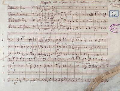 První strana partitury pro čtyři violoncella Symfonie č. 7 cs A dur, op. 92, od Ludwiga van Beethovena od Unbekannter Künstler