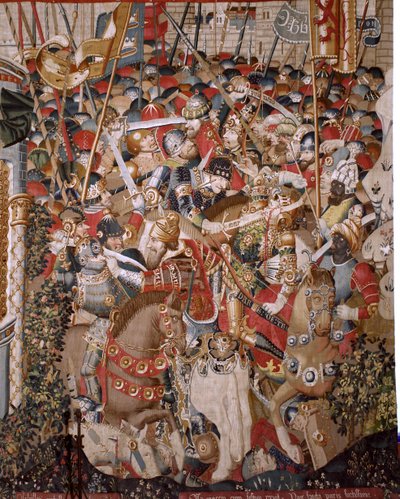 Vlámský gobelín. Seriál Trojská válka. Achillova smrt (Muerte de Aquiles). Osmý gobelín v sérii. Model Coëtivy Master (Henry nebo Conrard de Vulcop). Výroba dílen Tournai. Ca 1470. Látka Vlna a hedvábí, 6/7 osnovy na cm. Velikost 482 x 942 c od Unbekannt