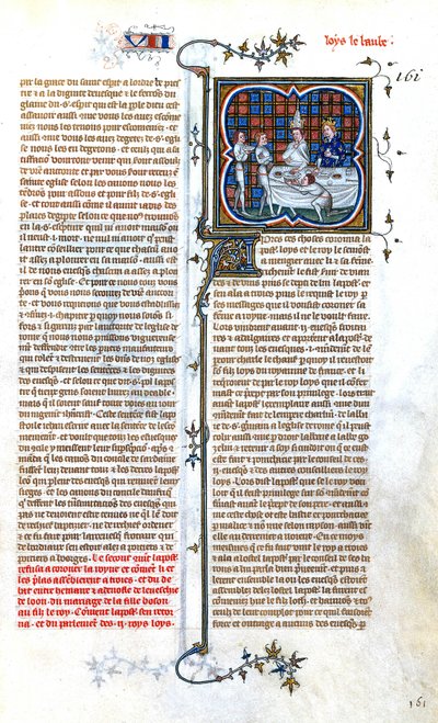 Francouzský král Ludvík Štěpán (846-879) při setkání s papežem Janem VIII. při jeho korunovaci v roce 877, iluminace z "Grandes Chroniques de France de CharlesV", asi 1375-1380 od Unbekannter Künstler