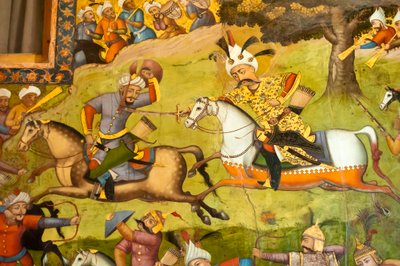 Freska; Shah Ismail na bílém koni v bitvě u Taher Abad; 1510; proti Uzbekům v Mervu; Chehel Sotoun; Palác čtyřiceti pilířů; Isfahán; Írán; Asie od Unbekannt