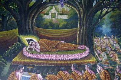 Freska zobrazující Buddhův vstup do nirvány ve Wat Chiang Mun, Chiang Mai. Buddhův vstup do parinirvány. Thajsko od Unbekannt