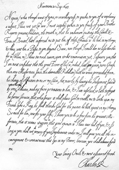 Přátelský dopis Karla I. jeho synovci, princi Maurice, napsaný v Newtown, Powys, Wales, 20. září od Unbekannt