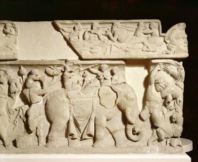 GR.1-1835 Triumfální návrat Dionýsa, detail zobrazující slona, reliéf sarkofágu, Řecko, 2. století (mramor) od Unbekannt