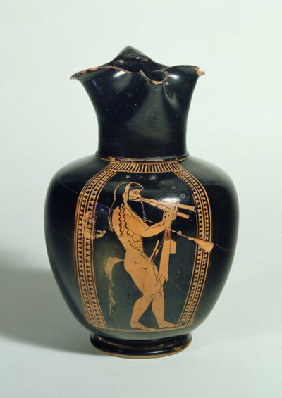 GR.126-1864 Oinochoe, zdobený satyrem hrající na dvojité flétny, attická červená postava, Atény, Řecko, 520 př. n. l. (hlína) od Unbekannt