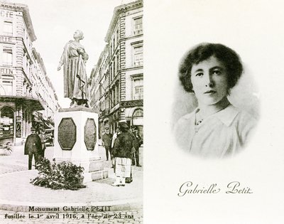 Gabrielle Petit a pomník postavený na její počest v Bruselu, pamětní listy, kolem roku 1925 (litho) od Unbekannter Künstler