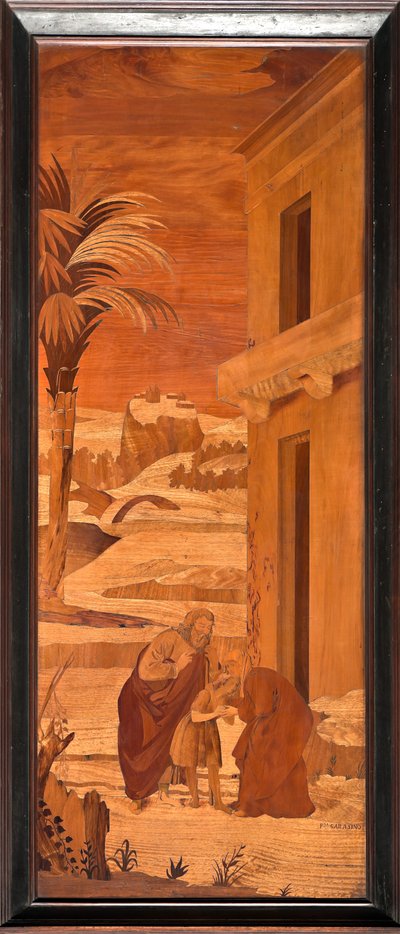 Janov, Duomo (katedrála svatého Vavřince), uvnitř, apsida, chór, severní strana: „Svatý Jan Křtitel se rozchází se svou rodinou“, dřevěná intarzie od Vincenza e Tommaso Garassino (19. století) od Unbekannter Künstler