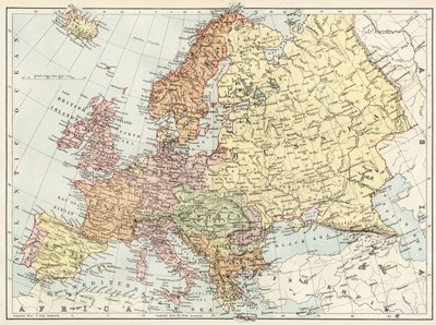 Geografická mapa Evropy v 70. letech 19. století. Barevná litografie 19. století od Unbekannter Künstler
