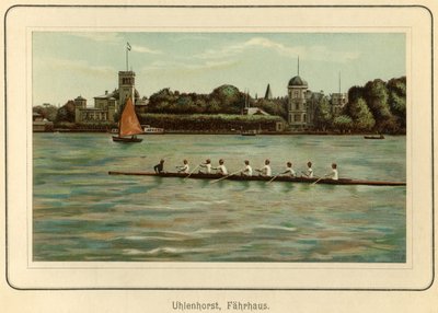 Německo, Hamburk, přívoz Uhlenhorst u jezera Alster, ilustrace z : "Ansichten-Album Hamburg" (pohledy z Hamburku), vydal C. Schneider, Berlín NW cca 1890 (litografie) od Unbekannter Künstler