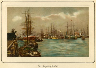Německo, Hamburk, přístav pro plachetnice, litografie z : "Ansichten-Album Hamburg" (pohledy z Hamburku), vydal C. Schneider, Berlín NW., cca 1890 (litografie) od Unbekannter Künstler