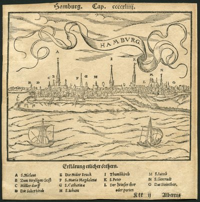 Německo, Hamburk, pohled na město, v popředí řeka Labe, ilustrace z Cosmographie Sebastiana Muenstera (Münster), kolem roku 1570 (rytina) od Unbekannter Künstler