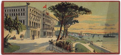 Velké hotely: vnější pohled na letní palác Therapia v Konstantinopoli v Turecku - Mapa série představující hotely „Compagnie Internationale des Grands Hotels“, konec 19. století a začátek 20. století od William M. Timlin
