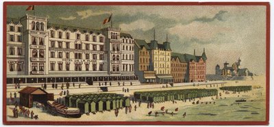 Grand hotels: vnější pohled na Hotel de la Plage v Ostende, Belgie - Mapa série představující hotely „Compagnie Internationale des Grands Hotels“, konec 19.-začátek 20. století od William M. Timlin