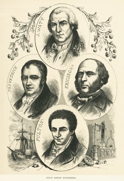 Skvělí inženýři a vynálezci: James Watt, John Ericsson, Robert Fulton, Richard Trevithick, , cca 1880 (č/b foto) od Unbekannt