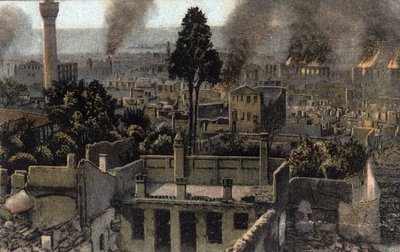 Řecko, Saloniki (nebo Thessaloniki): pohled na horní město částečně spálené, pravděpodobně při požáru v roce 1917 - Pohlednice 1914-1918 od Unbekannter Künstler